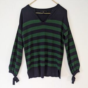 Ann Taylor Navy & Green Tie Sleeves Cutout V-Neck Pullover Sweater